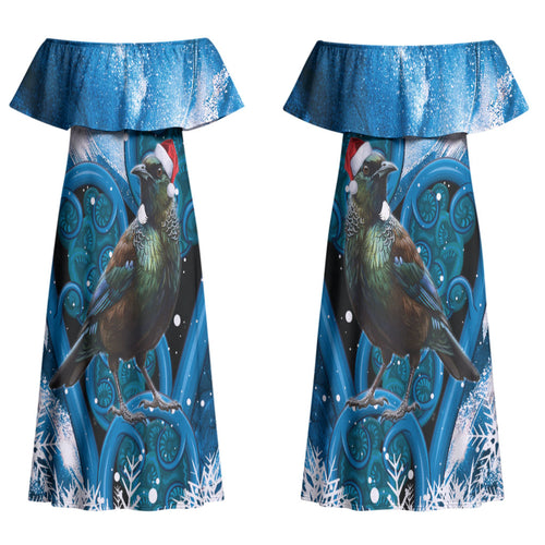 Tui Bird New Zealand Christmas In July Family Matching Off Shoulder Maxi Dress and Hawaiian Shirt NZ Aroha Koru Fern Marble Vibes