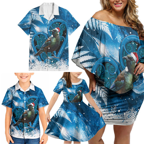 Tui Bird New Zealand Christmas In July Family Matching Off Shoulder Short Dress and Hawaiian Shirt NZ Aroha Koru Fern Marble Vibes