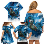 Tui Bird New Zealand Christmas In July Family Matching Off Shoulder Short Dress and Hawaiian Shirt NZ Aroha Koru Fern Marble Vibes
