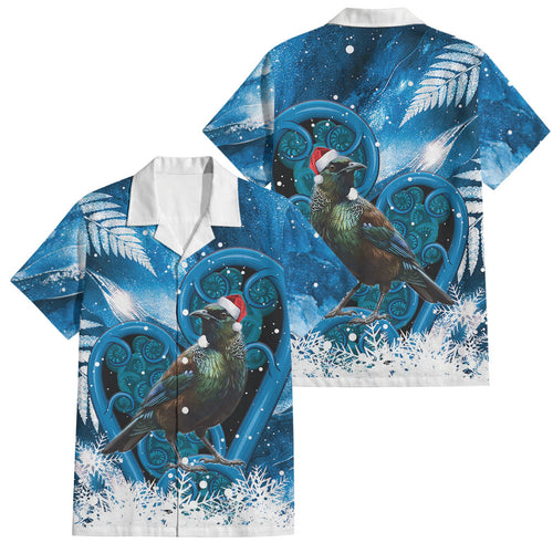 Tui Bird New Zealand Christmas In July Family Matching Off Shoulder Short Dress and Hawaiian Shirt NZ Aroha Koru Fern Marble Vibes