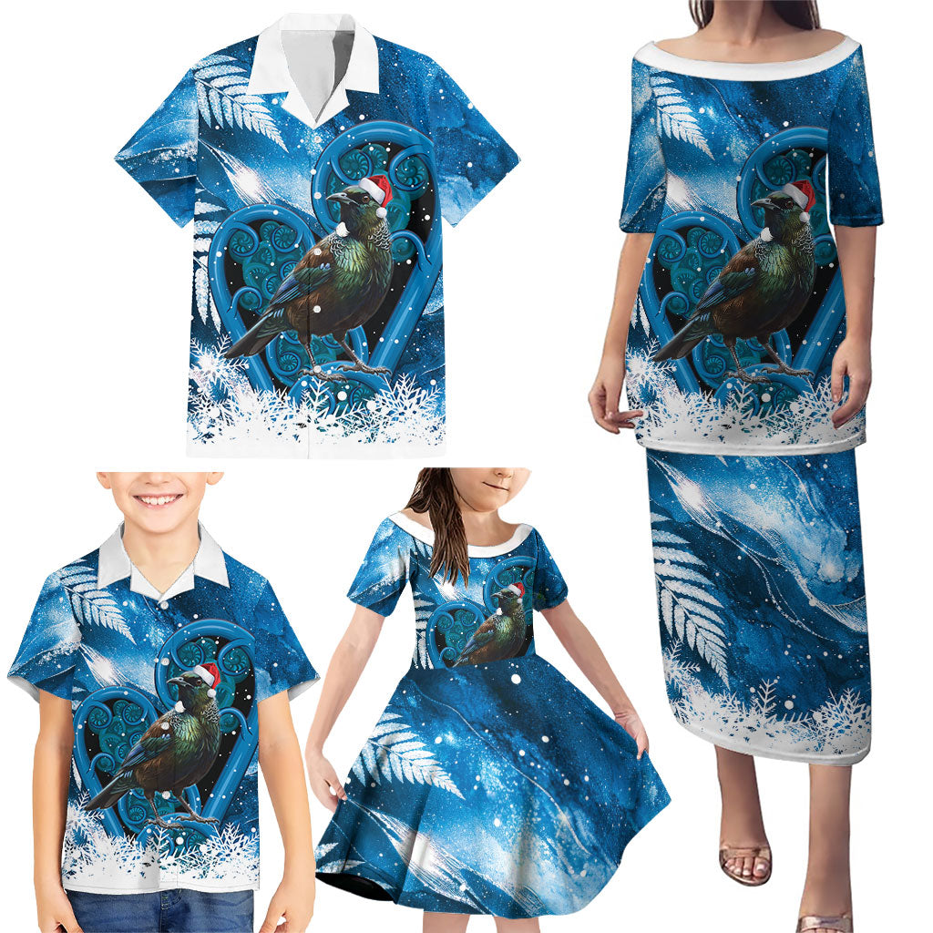 Tui Bird New Zealand Christmas In July Family Matching Puletasi and Hawaiian Shirt NZ Aroha Koru Fern Marble Vibes