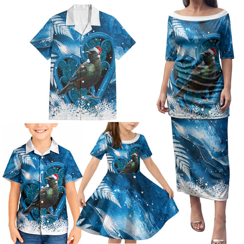 Tui Bird New Zealand Christmas In July Family Matching Puletasi and Hawaiian Shirt NZ Aroha Koru Fern Marble Vibes
