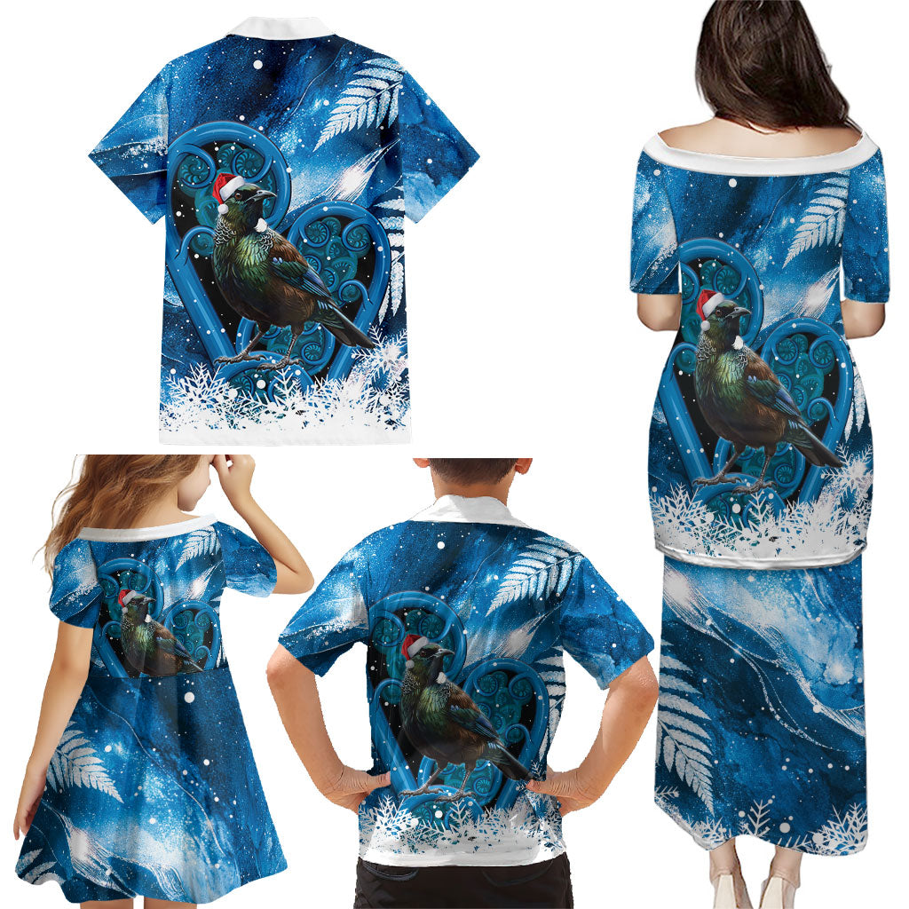 Tui Bird New Zealand Christmas In July Family Matching Puletasi and Hawaiian Shirt NZ Aroha Koru Fern Marble Vibes
