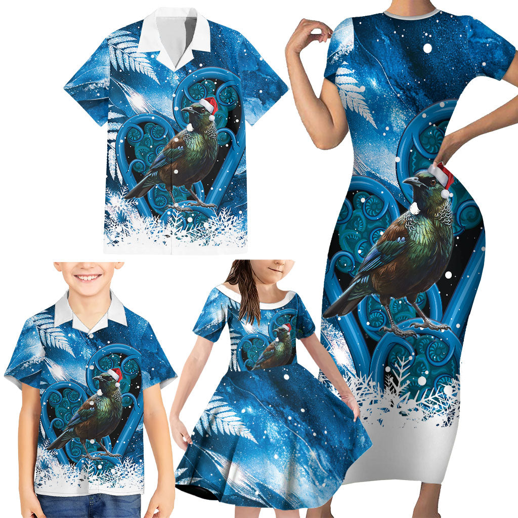 Tui Bird New Zealand Christmas In July Family Matching Short Sleeve Bodycon Dress and Hawaiian Shirt NZ Aroha Koru Fern Marble Vibes