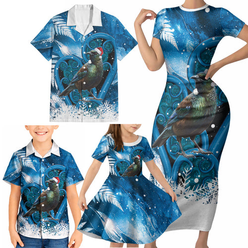 Tui Bird New Zealand Christmas In July Family Matching Short Sleeve Bodycon Dress and Hawaiian Shirt NZ Aroha Koru Fern Marble Vibes