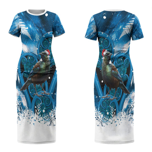 Tui Bird New Zealand Christmas In July Family Matching Short Sleeve Bodycon Dress and Hawaiian Shirt NZ Aroha Koru Fern Marble Vibes