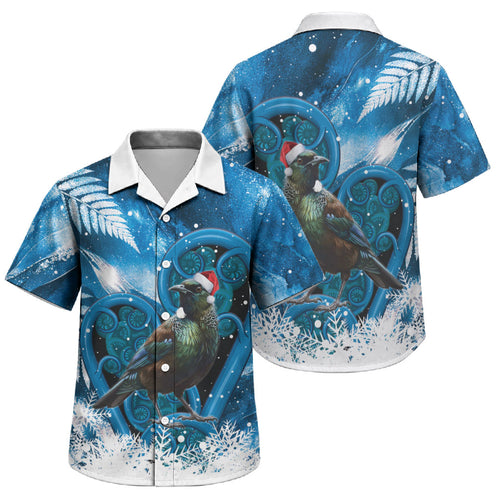 Tui Bird New Zealand Christmas In July Family Matching Short Sleeve Bodycon Dress and Hawaiian Shirt NZ Aroha Koru Fern Marble Vibes