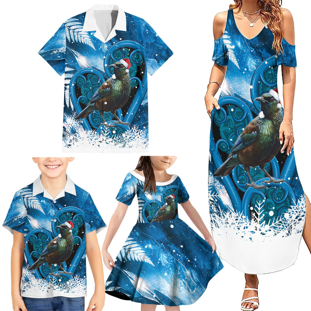 Tui Bird New Zealand Christmas In July Family Matching Summer Maxi Dress and Hawaiian Shirt NZ Aroha Koru Fern Marble Vibes