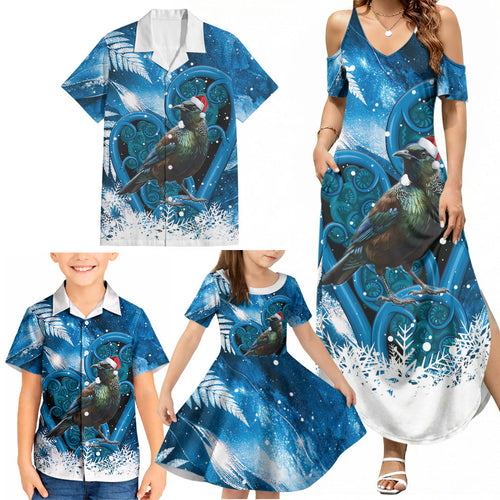 Tui Bird New Zealand Christmas In July Family Matching Summer Maxi Dress and Hawaiian Shirt NZ Aroha Koru Fern Marble Vibes