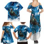 Tui Bird New Zealand Christmas In July Family Matching Summer Maxi Dress and Hawaiian Shirt NZ Aroha Koru Fern Marble Vibes