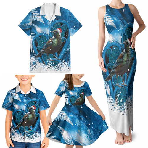 Tui Bird New Zealand Christmas In July Family Matching Tank Maxi Dress and Hawaiian Shirt NZ Aroha Koru Fern Marble Vibes