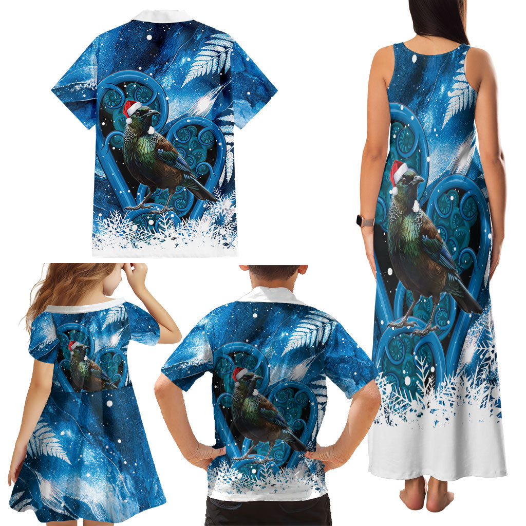 Tui Bird New Zealand Christmas In July Family Matching Tank Maxi Dress and Hawaiian Shirt NZ Aroha Koru Fern Marble Vibes