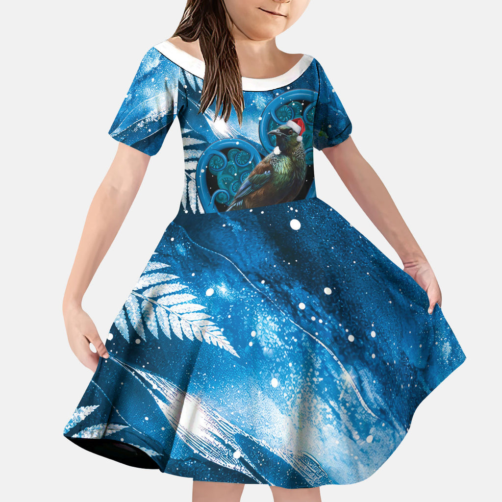 Tui Bird New Zealand Christmas In July Kid Short Sleeve Dress NZ Aroha Koru Fern Marble Vibes