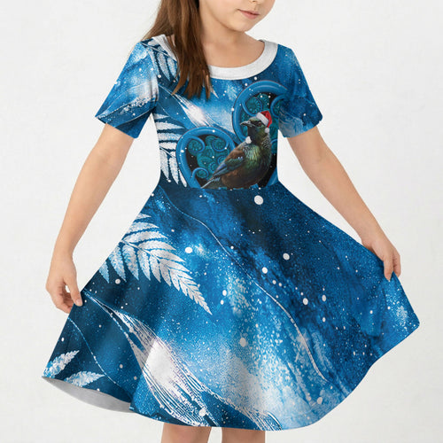 Tui Bird New Zealand Christmas In July Kid Short Sleeve Dress NZ Aroha Koru Fern Marble Vibes