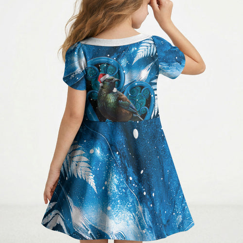 Tui Bird New Zealand Christmas In July Kid Short Sleeve Dress NZ Aroha Koru Fern Marble Vibes