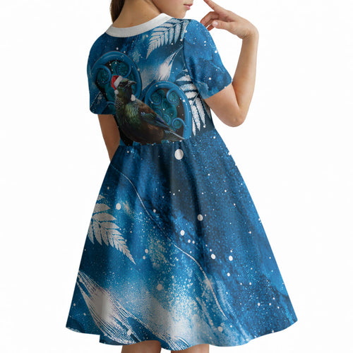 Tui Bird New Zealand Christmas In July Kid Short Sleeve Dress NZ Aroha Koru Fern Marble Vibes