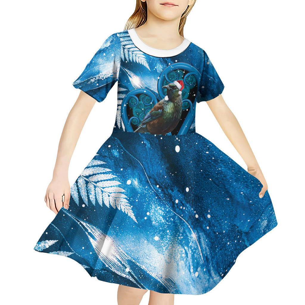 Tui Bird New Zealand Christmas In July Kid Short Sleeve Dress NZ Aroha Koru Fern Marble Vibes