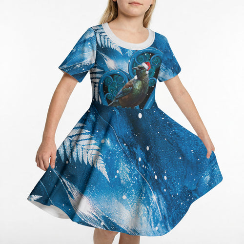Tui Bird New Zealand Christmas In July Kid Short Sleeve Dress NZ Aroha Koru Fern Marble Vibes