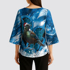 Tui Bird New Zealand Christmas In July Kimono Sleeve Blouse NZ Aroha Koru Fern Marble Vibes
