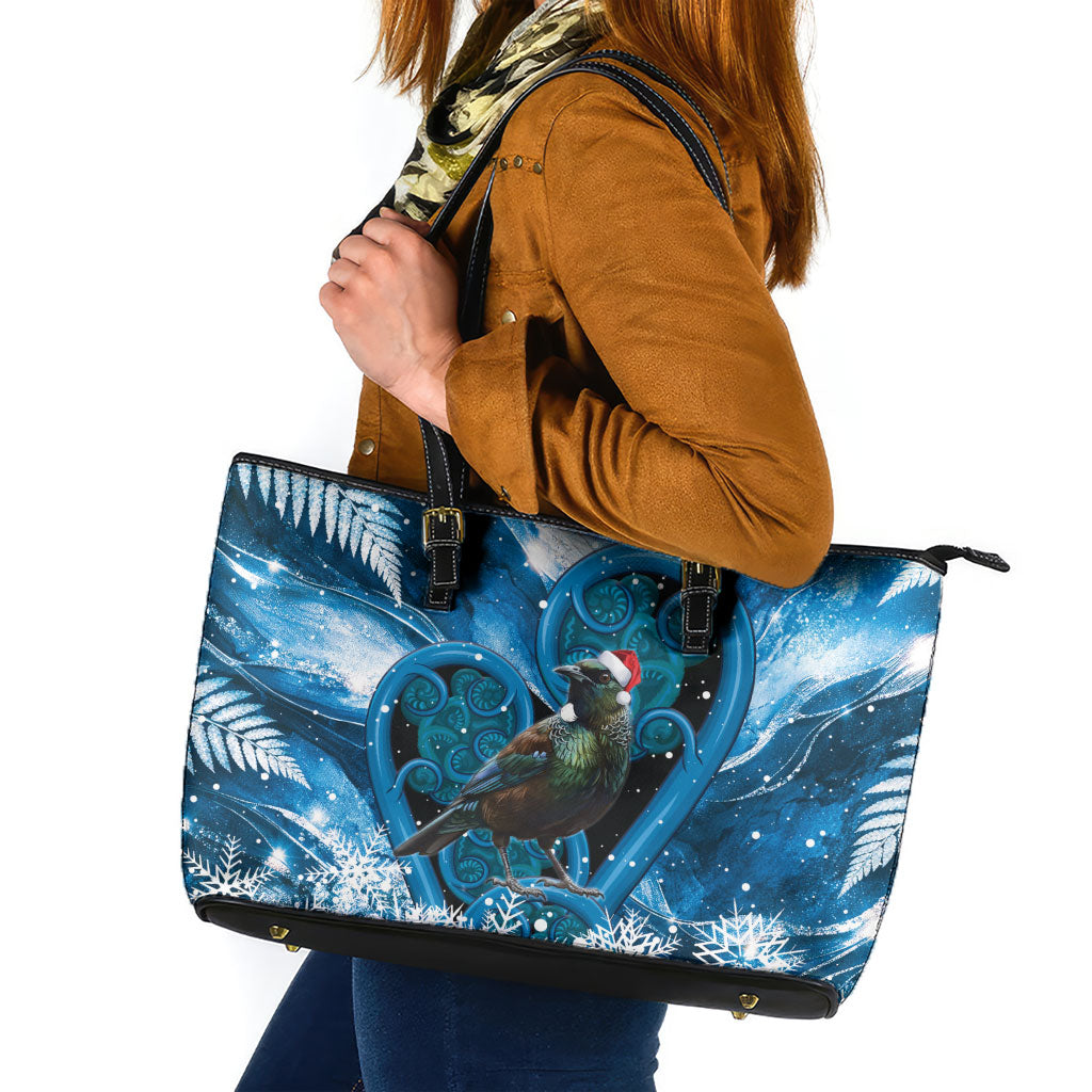 Tui Bird New Zealand Christmas In July Leather Tote Bag NZ Aroha Koru Fern Marble Vibes
