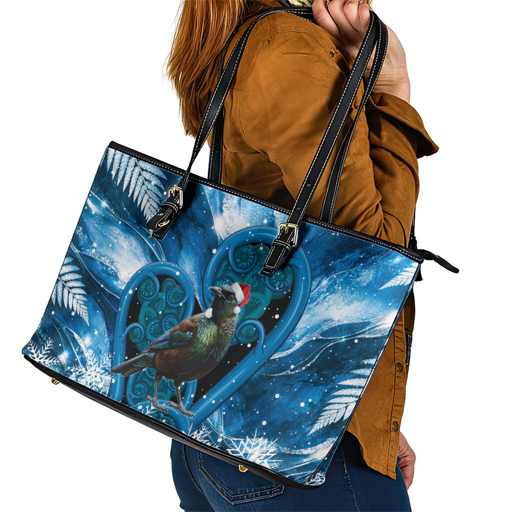 Tui Bird New Zealand Christmas In July Leather Tote Bag NZ Aroha Koru Fern Marble Vibes