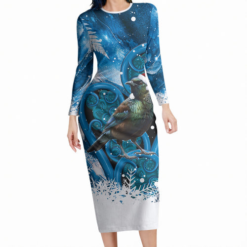 Tui Bird New Zealand Christmas In July Long Sleeve Bodycon Dress NZ Aroha Koru Fern Marble Vibes