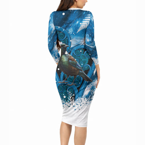 Tui Bird New Zealand Christmas In July Long Sleeve Bodycon Dress NZ Aroha Koru Fern Marble Vibes