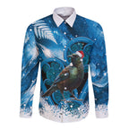 Tui Bird New Zealand Christmas In July Long Sleeve Button Shirt NZ Aroha Koru Fern Marble Vibes