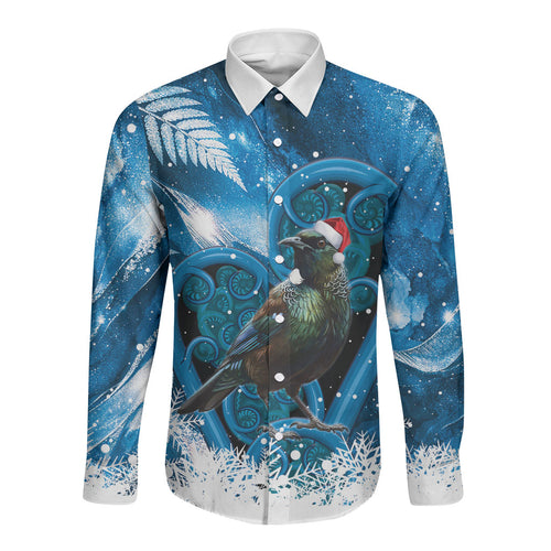 Tui Bird New Zealand Christmas In July Long Sleeve Button Shirt NZ Aroha Koru Fern Marble Vibes