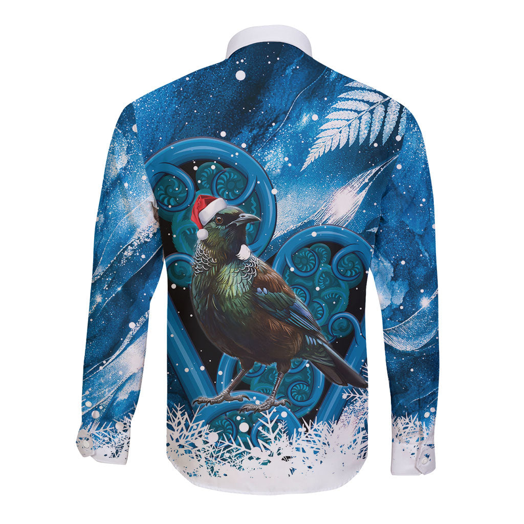 Tui Bird New Zealand Christmas In July Long Sleeve Button Shirt NZ Aroha Koru Fern Marble Vibes
