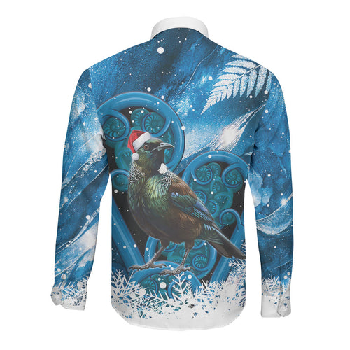 Tui Bird New Zealand Christmas In July Long Sleeve Button Shirt NZ Aroha Koru Fern Marble Vibes