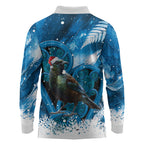 Tui Bird New Zealand Christmas In July Long Sleeve Polo Shirt NZ Aroha Koru Fern Marble Vibes