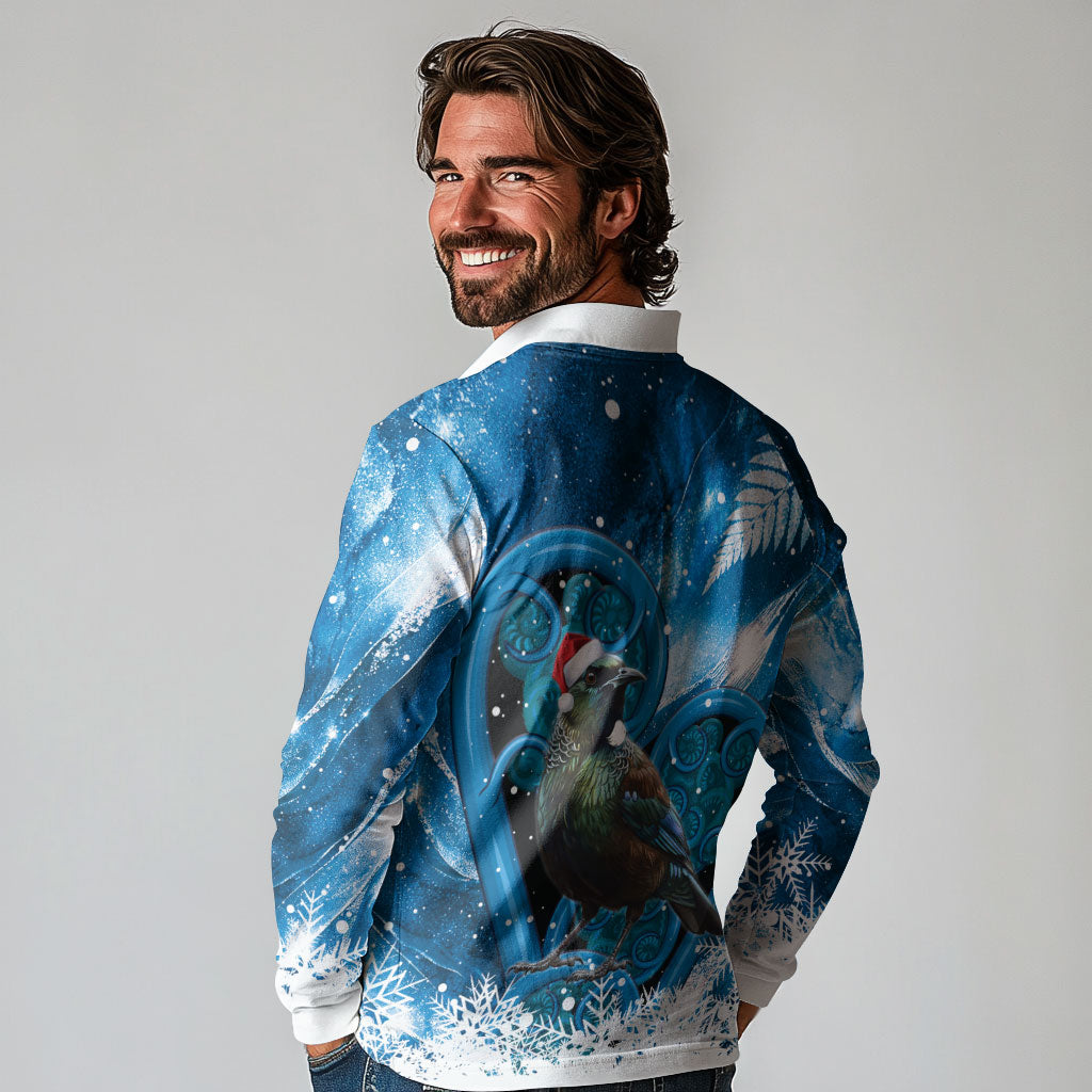 Tui Bird New Zealand Christmas In July Long Sleeve Polo Shirt NZ Aroha Koru Fern Marble Vibes