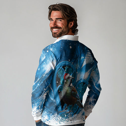 Tui Bird New Zealand Christmas In July Long Sleeve Polo Shirt NZ Aroha Koru Fern Marble Vibes