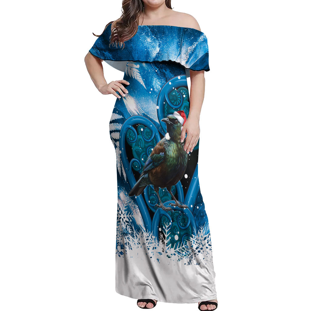 Tui Bird New Zealand Christmas In July Off Shoulder Maxi Dress NZ Aroha Koru Fern Marble Vibes