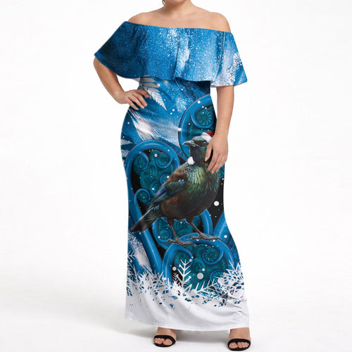 Tui Bird New Zealand Christmas In July Off Shoulder Maxi Dress NZ Aroha Koru Fern Marble Vibes