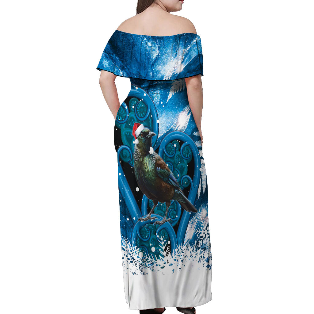 Tui Bird New Zealand Christmas In July Off Shoulder Maxi Dress NZ Aroha Koru Fern Marble Vibes