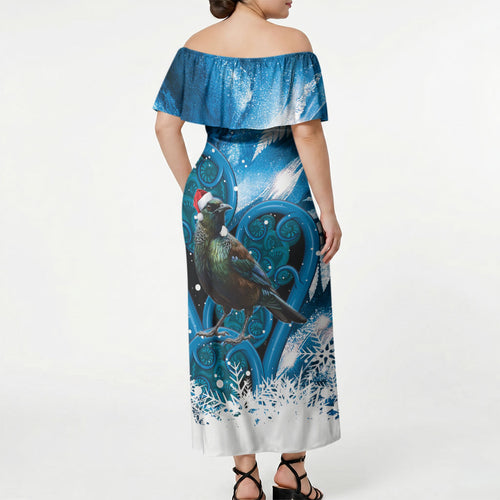 Tui Bird New Zealand Christmas In July Off Shoulder Maxi Dress NZ Aroha Koru Fern Marble Vibes