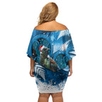 Tui Bird New Zealand Christmas In July Off Shoulder Short Dress NZ Aroha Koru Fern Marble Vibes