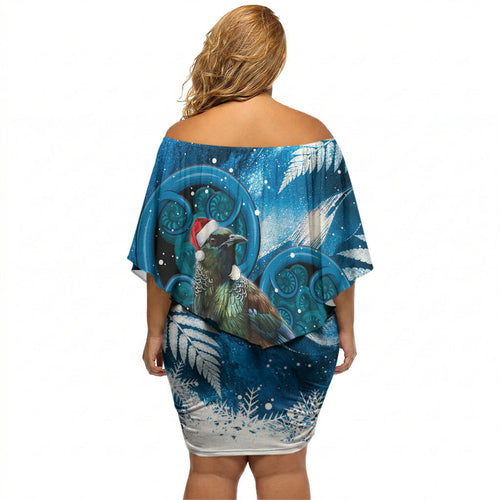 Tui Bird New Zealand Christmas In July Off Shoulder Short Dress NZ Aroha Koru Fern Marble Vibes