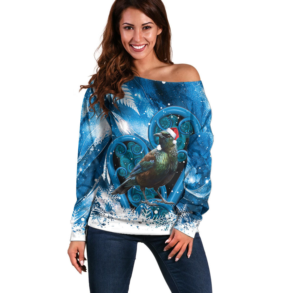 Tui Bird New Zealand Christmas In July Off Shoulder Sweater NZ Aroha Koru Fern Marble Vibes