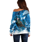Tui Bird New Zealand Christmas In July Off Shoulder Sweater NZ Aroha Koru Fern Marble Vibes