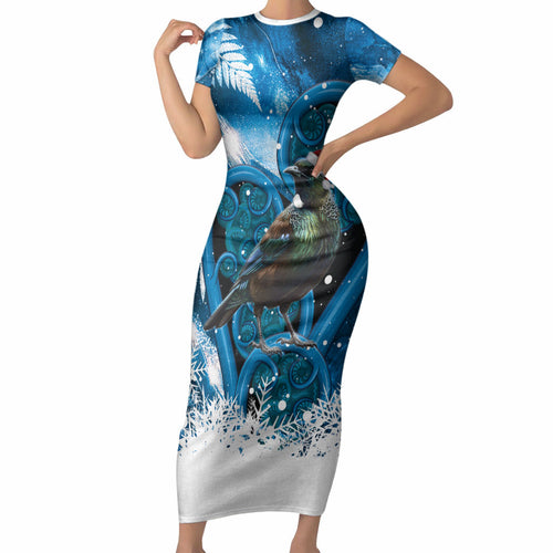 Tui Bird New Zealand Christmas In July Short Sleeve Bodycon Dress NZ Aroha Koru Fern Marble Vibes