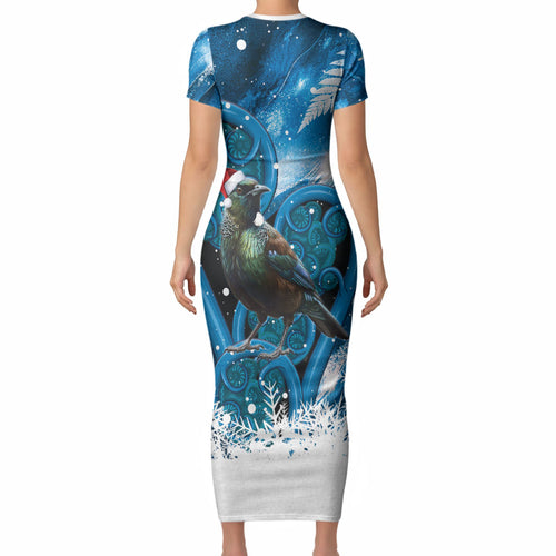 Tui Bird New Zealand Christmas In July Short Sleeve Bodycon Dress NZ Aroha Koru Fern Marble Vibes