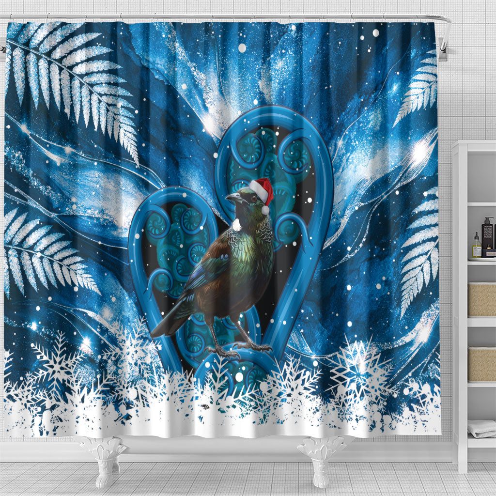 Tui Bird New Zealand Christmas In July Shower Curtain NZ Aroha Koru Fern Marble Vibes