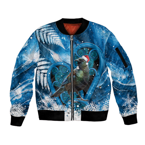 Tui Bird New Zealand Christmas In July Sleeve Zip Bomber Jacket NZ Aroha Koru Fern Marble Vibes