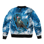 Tui Bird New Zealand Christmas In July Sleeve Zip Bomber Jacket NZ Aroha Koru Fern Marble Vibes