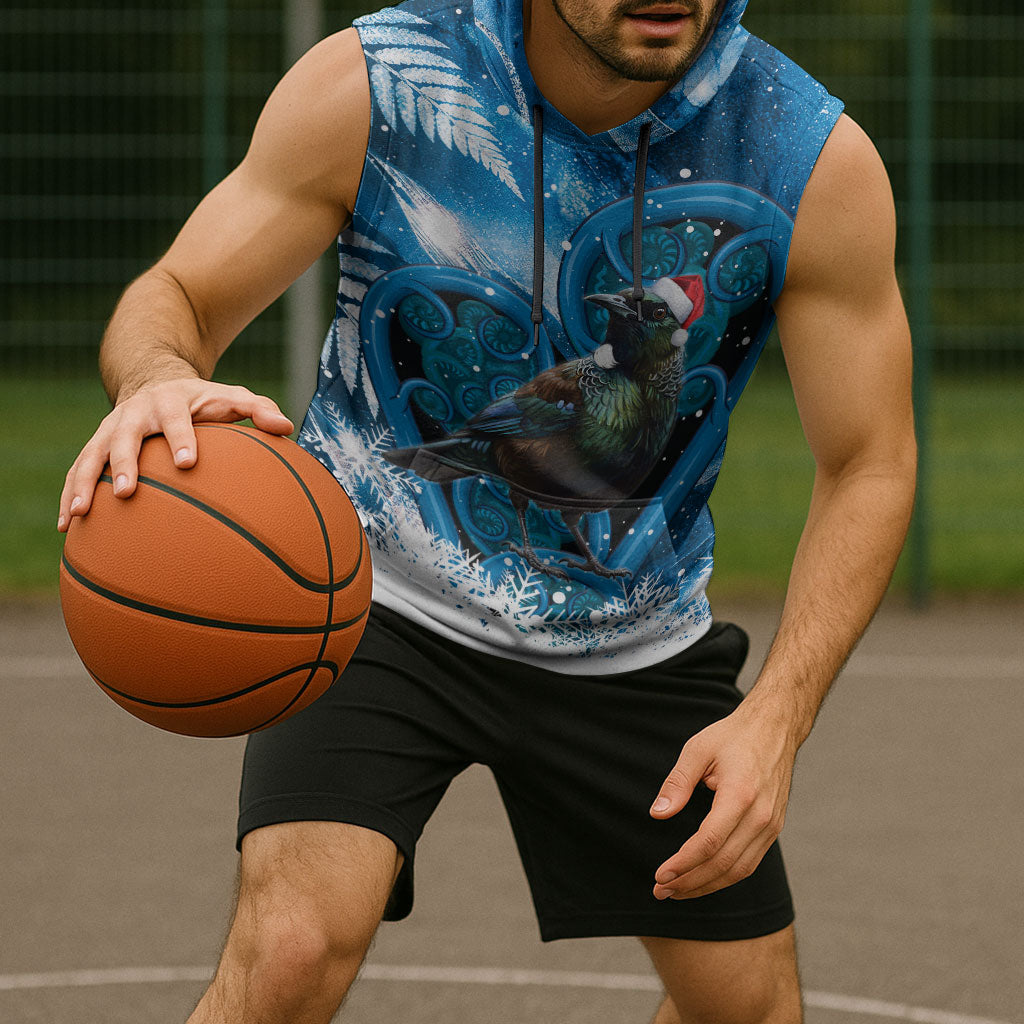 Tui Bird New Zealand Christmas In July Sleeveless Hoodie NZ Aroha Koru Fern Marble Vibes