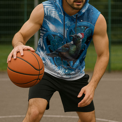 Tui Bird New Zealand Christmas In July Sleeveless Hoodie NZ Aroha Koru Fern Marble Vibes