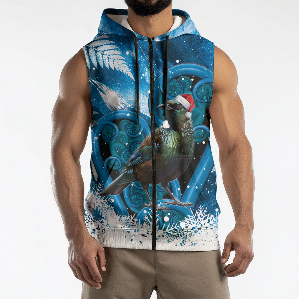 Tui Bird New Zealand Christmas In July Sleeveless Zip Hoodie NZ Aroha Koru Fern Marble Vibes